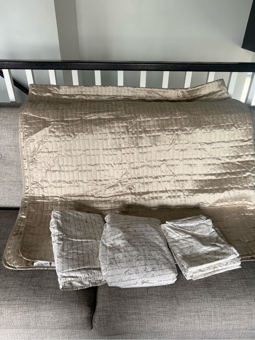 Gold Quilted Coverlet with Pottery Barn Script Sheet Set